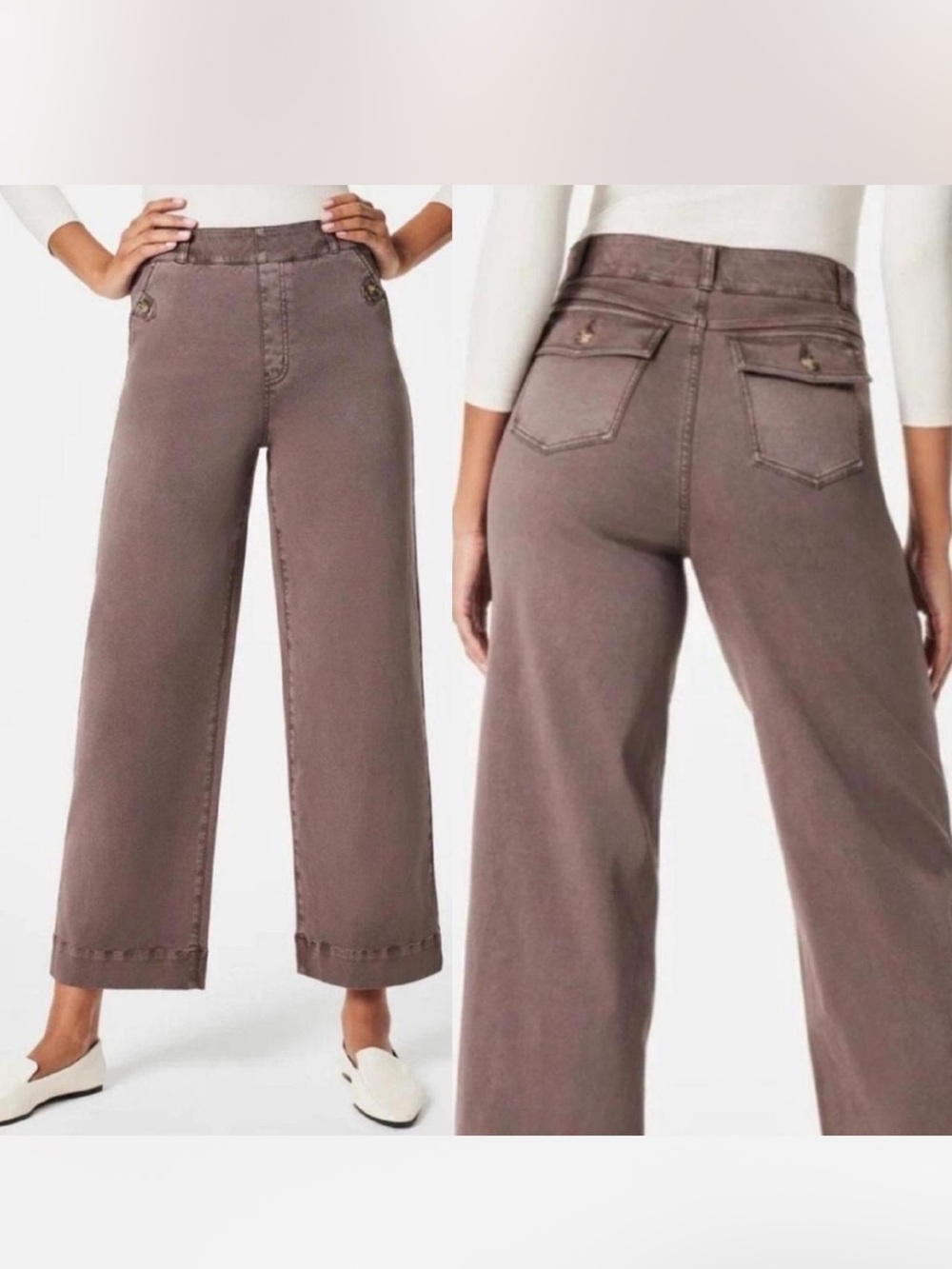SPANX STRETCH TWILL CROPPED WIDE LEG PANT Pull On Brown Taupe Small Boho
